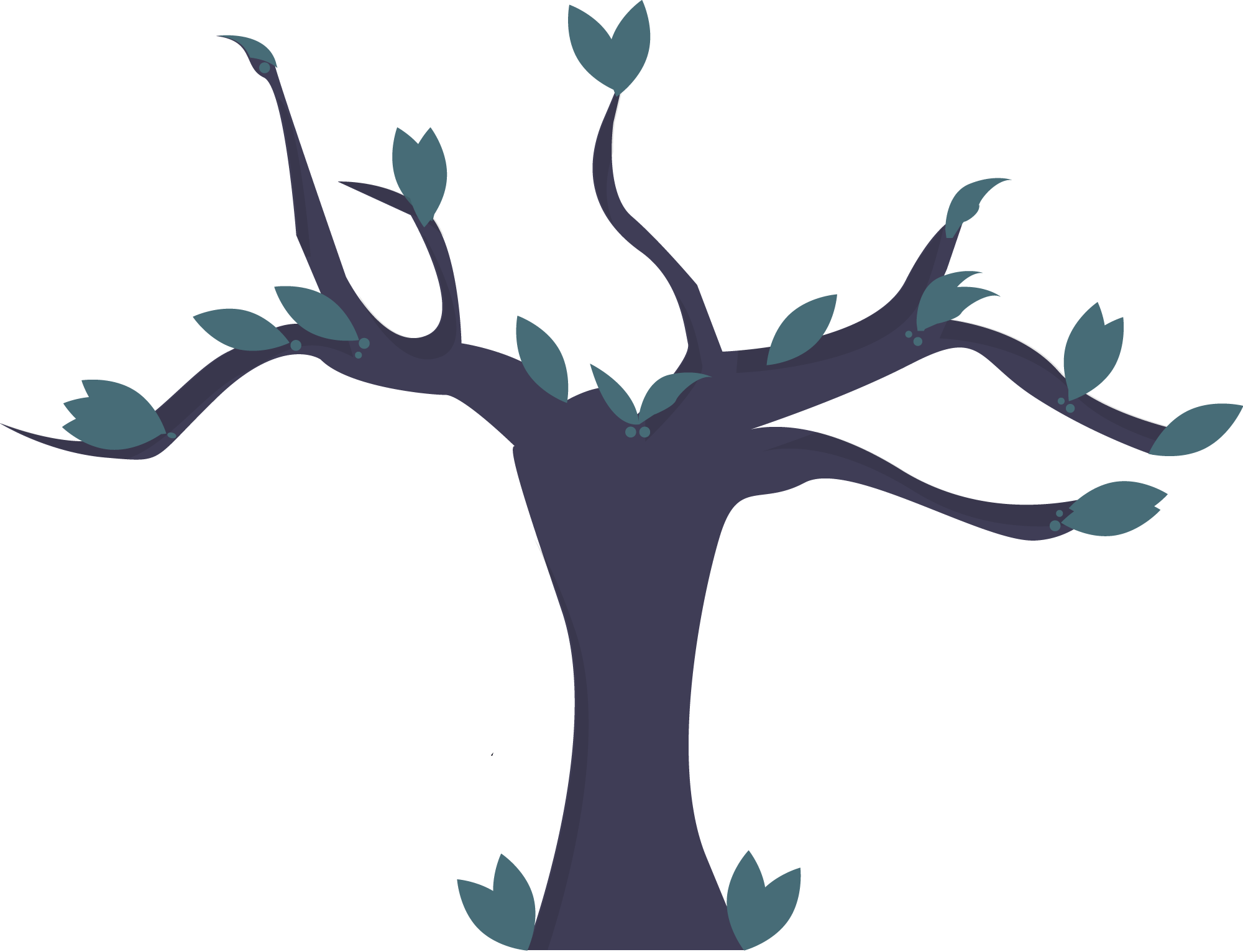 A stylized illustration of a dark tree branch with small blue-green leaves.