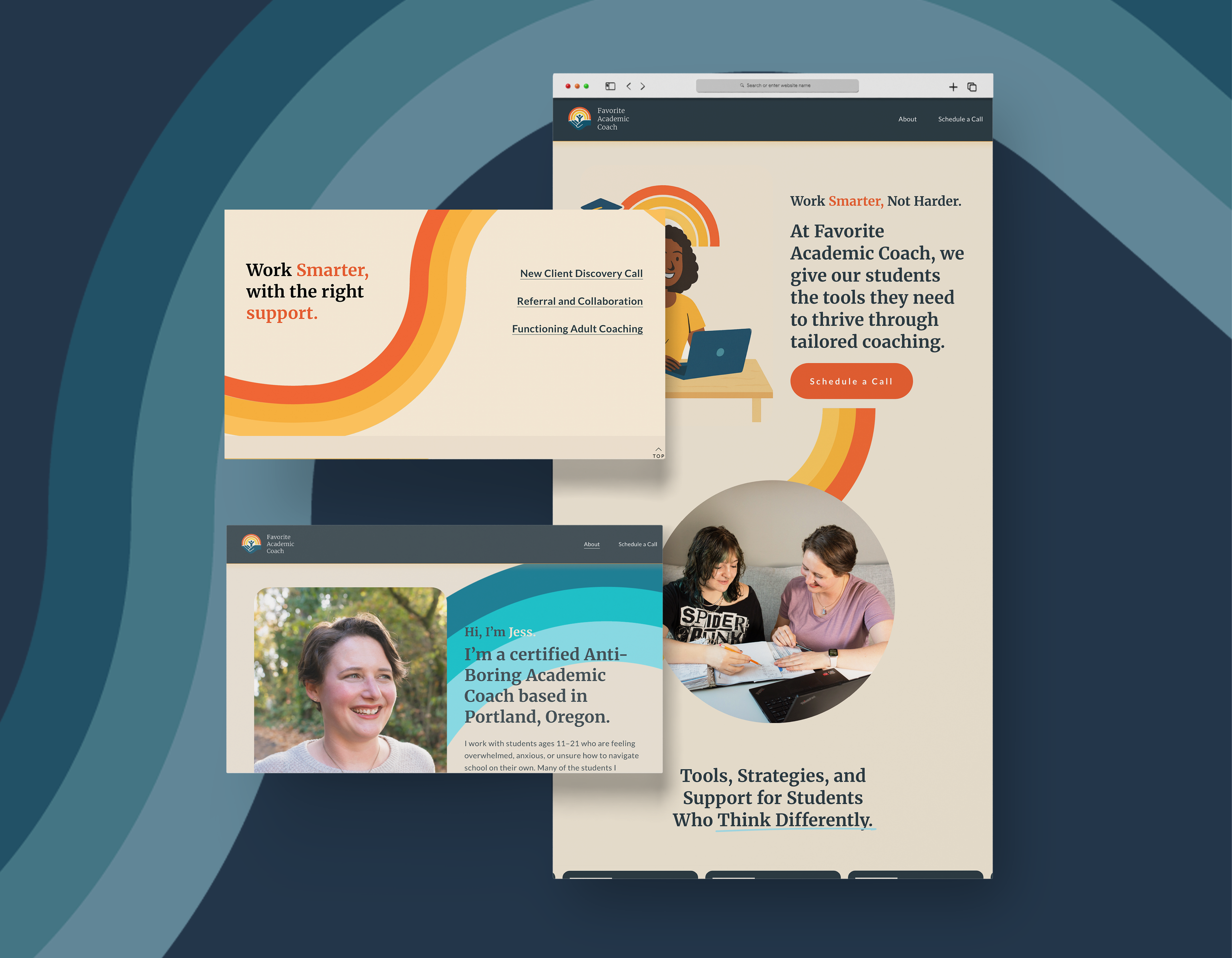 Screenshot of a website for a coaching service called Favorite Academic Coach, featuring options to schedule a call and information about coaching tools, strategies, and support for students.