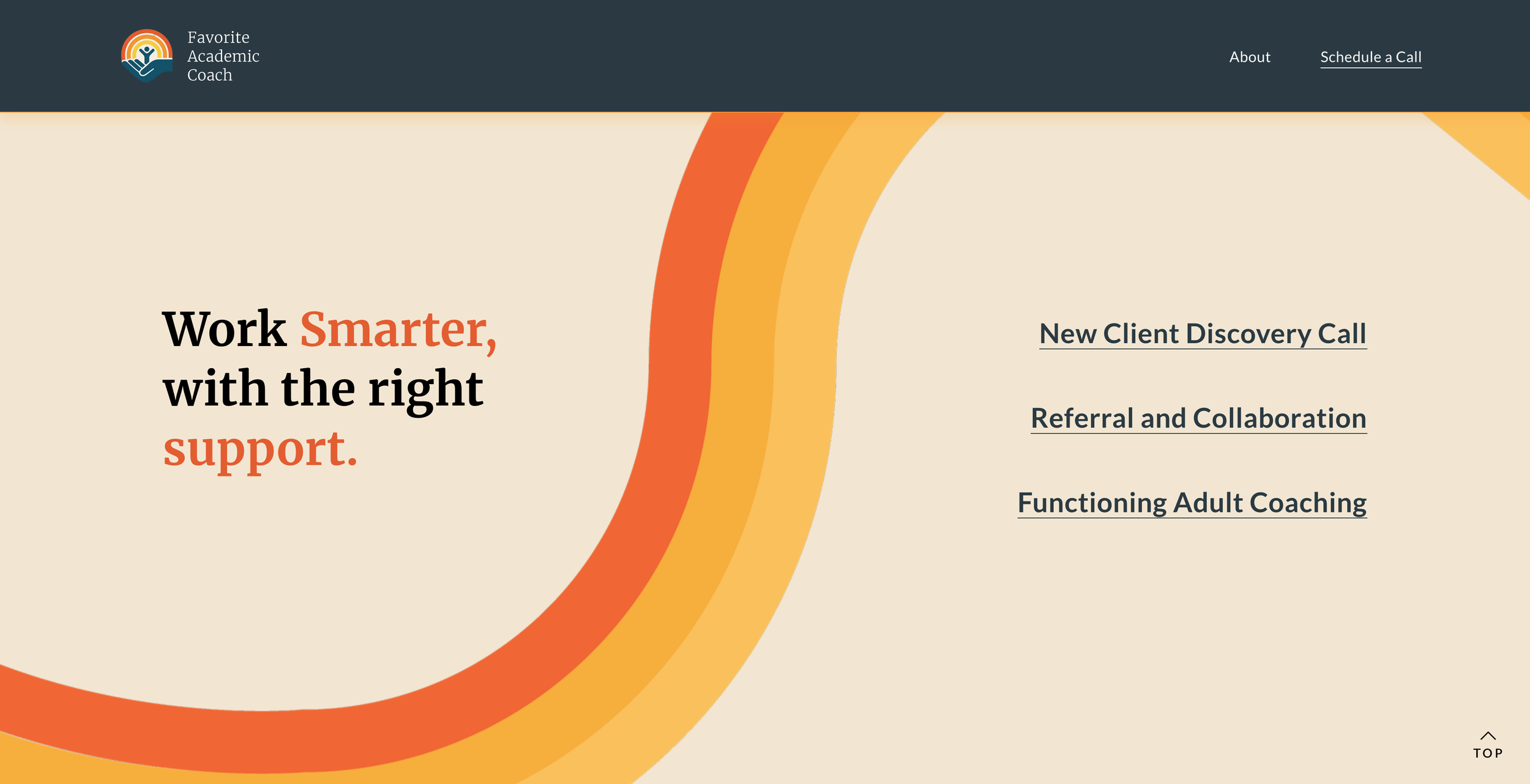 Homepage of Favorite Academic Coach featuring logo, menu options for About and Schedule a Call, and a motivational message: 'Work Smarter, with the right support,' with links to services like New Client Discovery Call, Referral and Collaboration, and Functioning Adult Coaching.