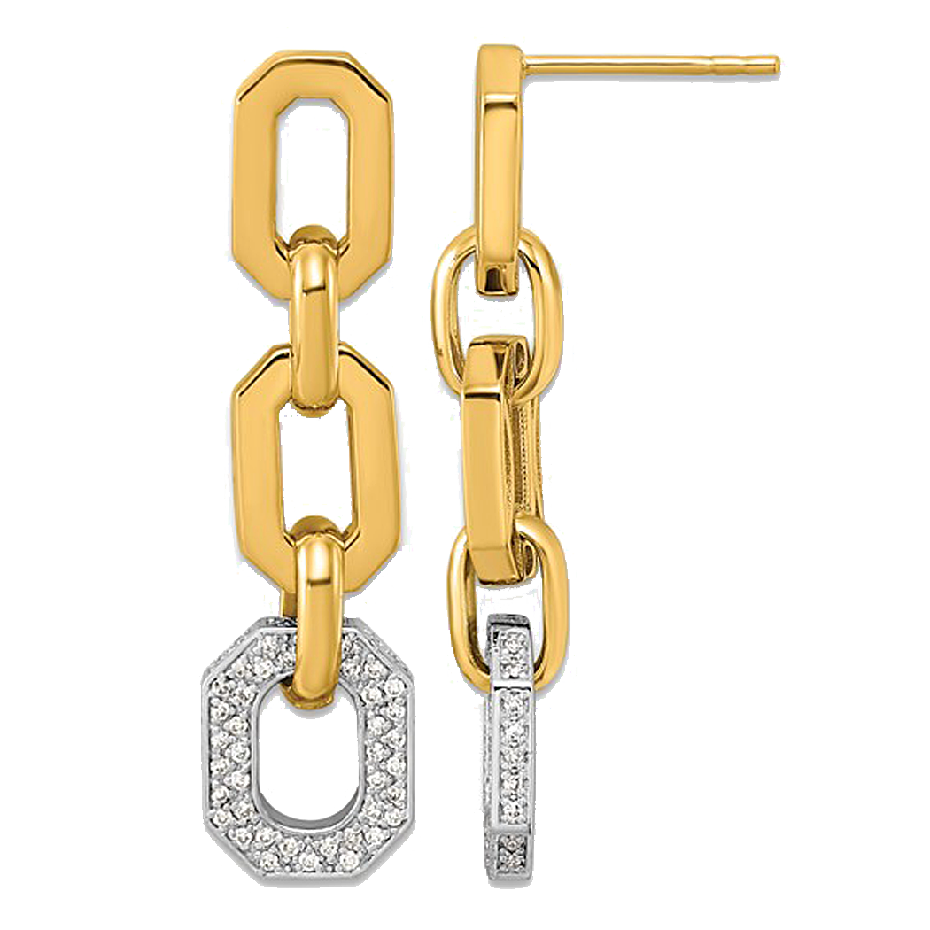 18K Two Tone Gold Diamond Hexagon Link Dangle Earrings