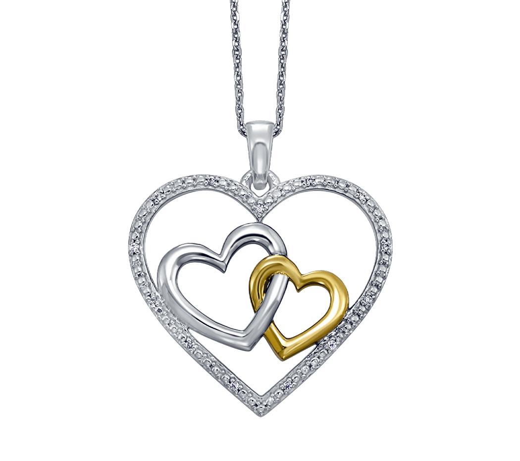 Sterling Silver and Yellow Gold Diamond Double Heart Pendant