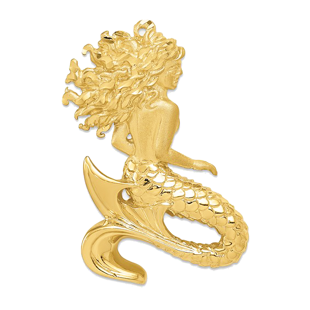 14K Yellow Gold Large Diamond Cut Mermaid Omega Slide Pendant