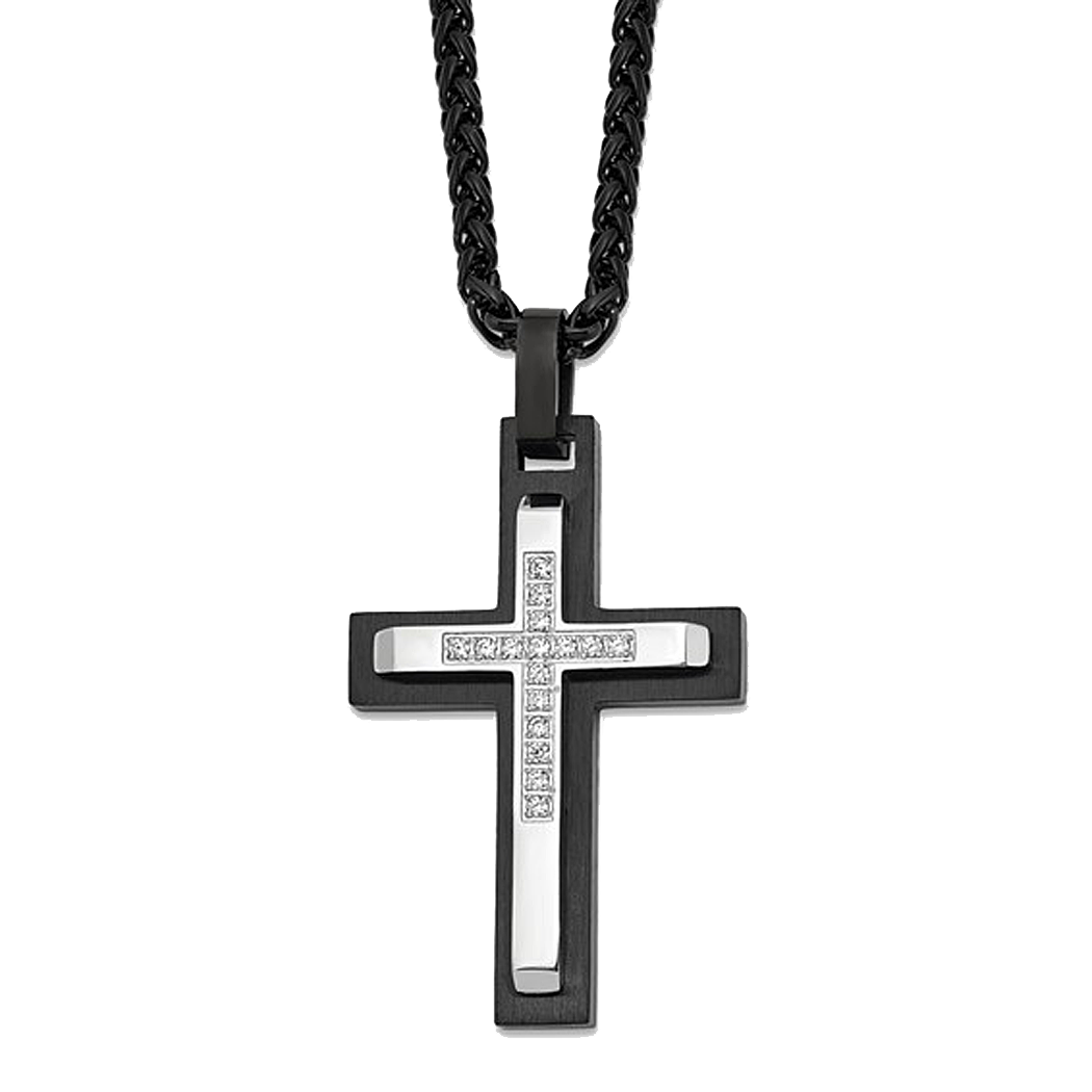 Black Plated Stainless Steel Cross Pendant with Cubic Zirconia