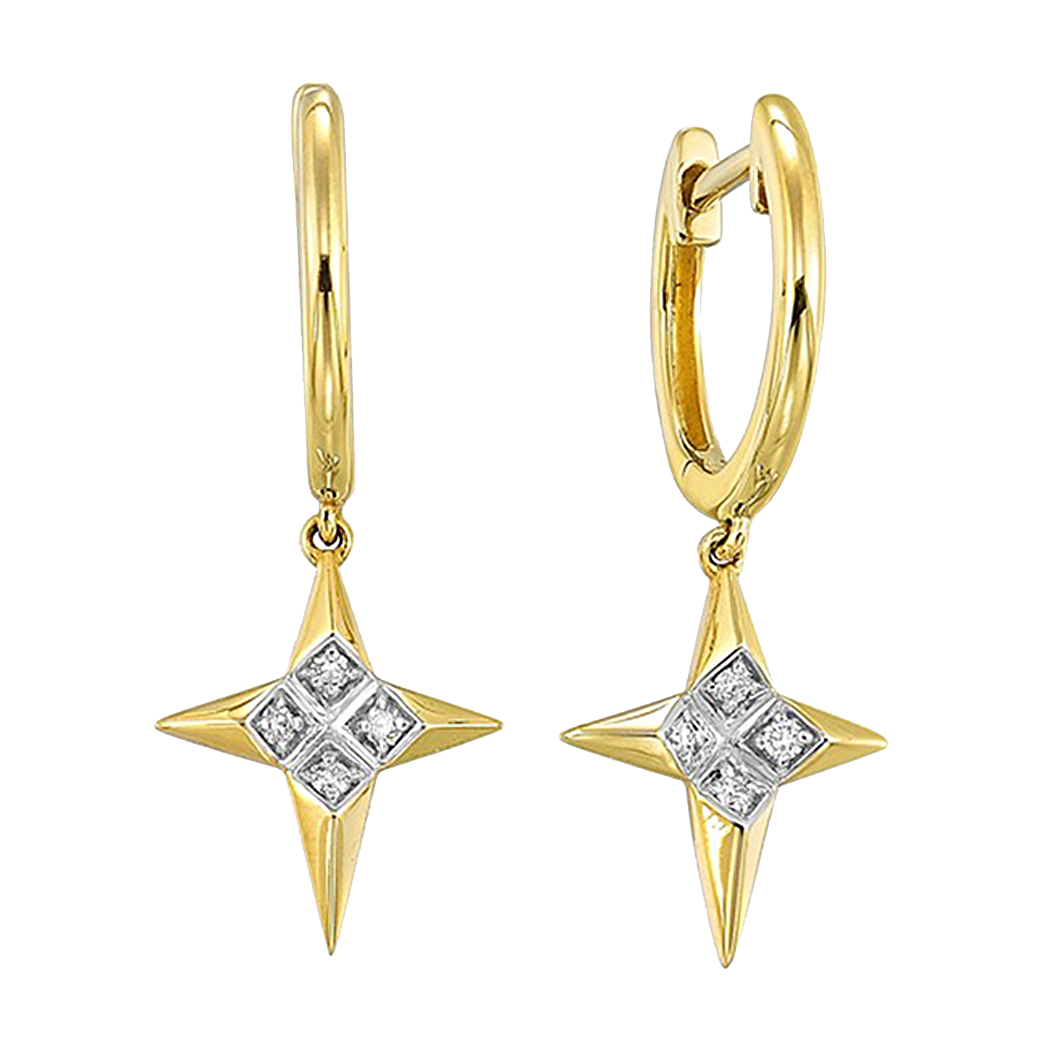 14K Yellow Gold Diamond Star Dangle Hoop Earrings