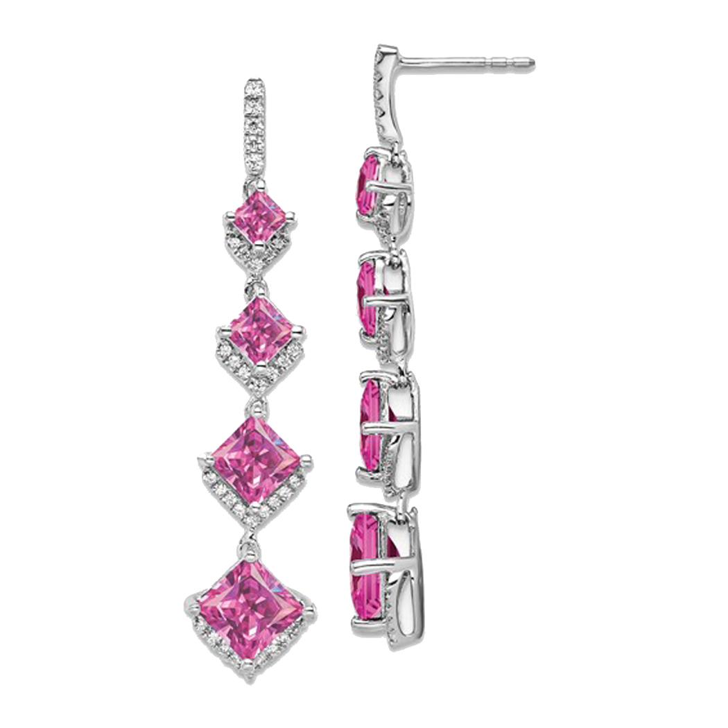 14K White Gold Drop Earrings with Lab Grown Pink Sapphires and Lab Grown Diamonds.