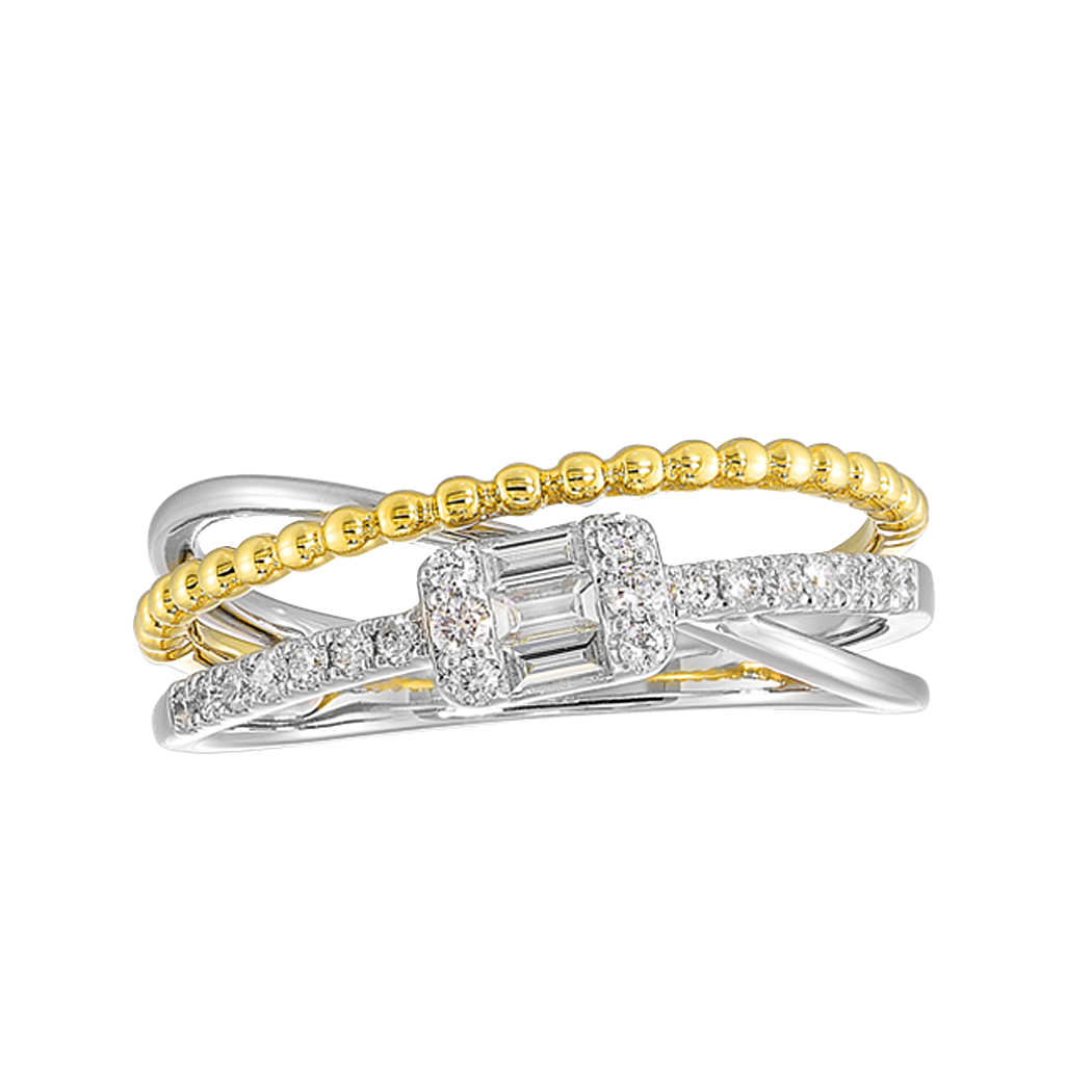 10K Two Tone Mixed Metal Diamond Criss Cross Ring