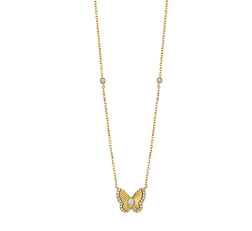 14K Yellow Gold Diamond Butterfly Station Necklace