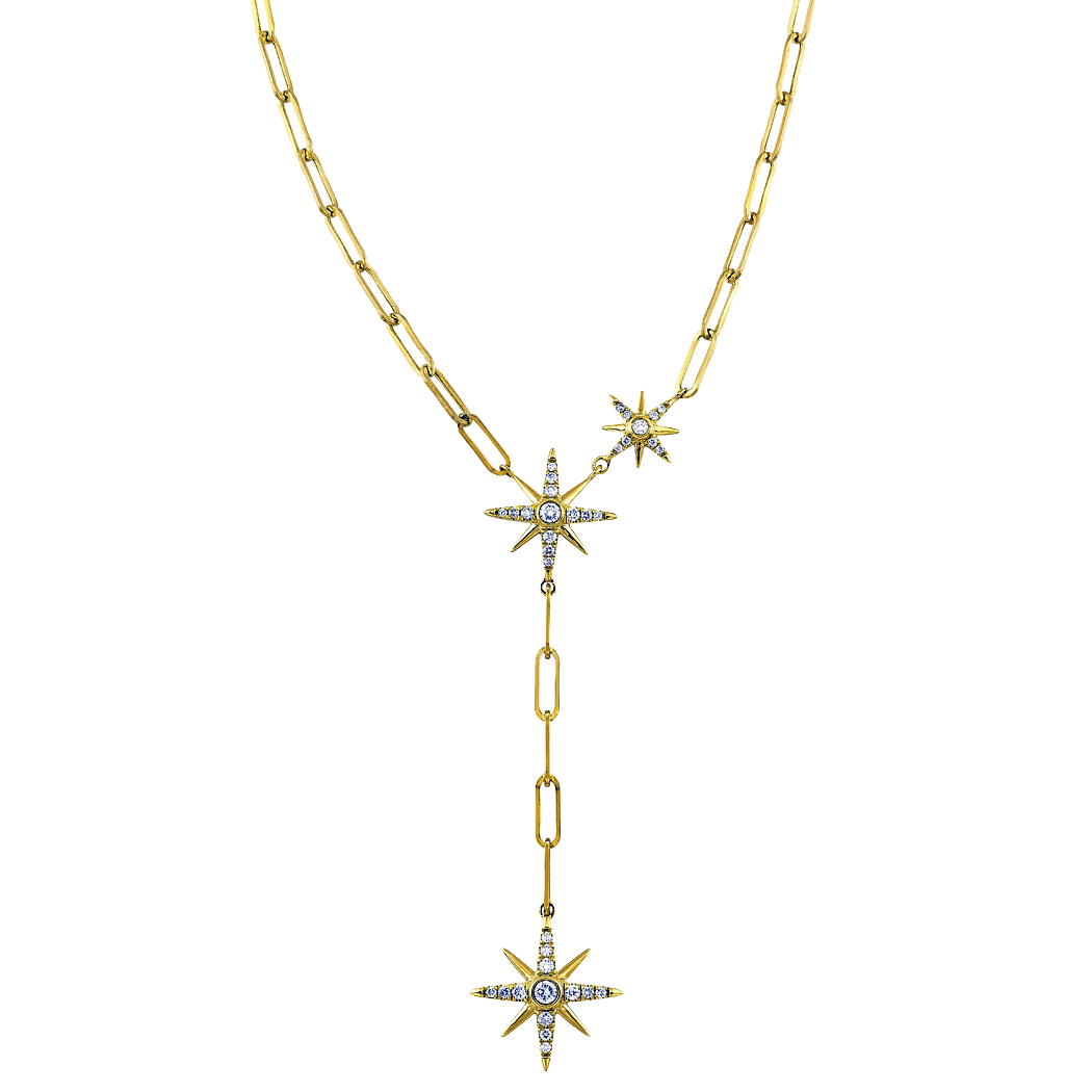 14K Yellow Gold Paperclip Lariat Necklace with Diamond Stars