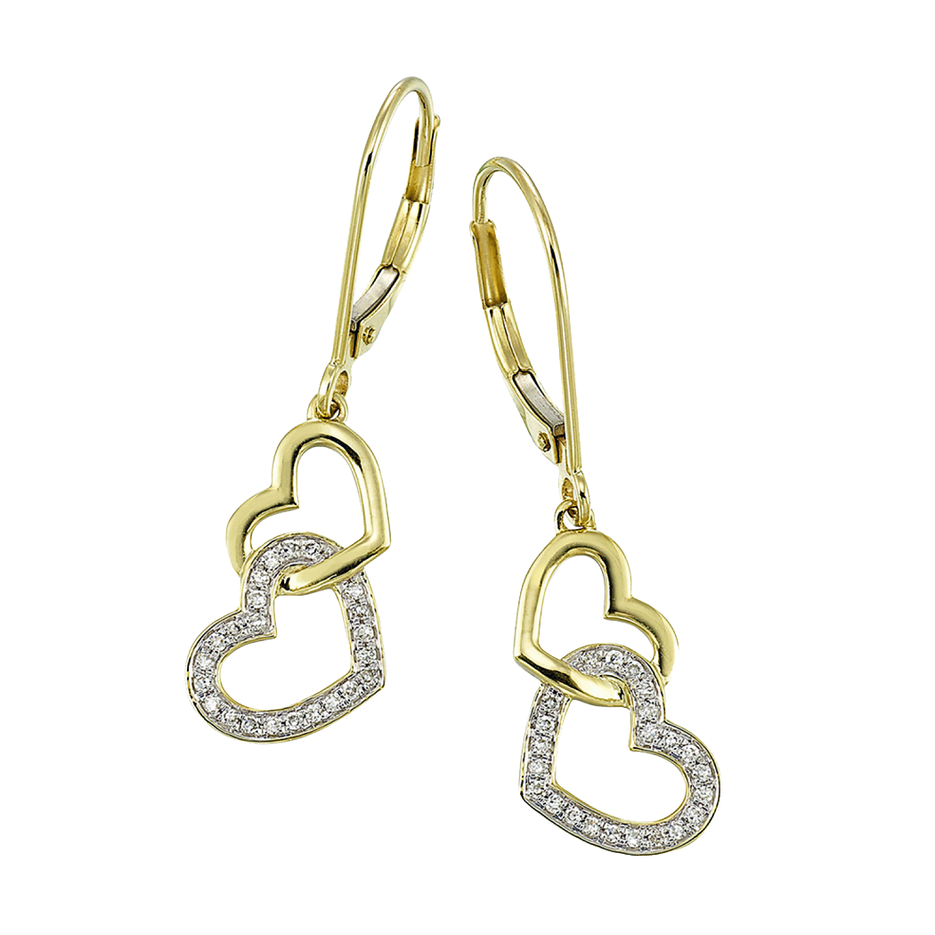 10K Yellow Gold Double Heart Dangle Earrings
