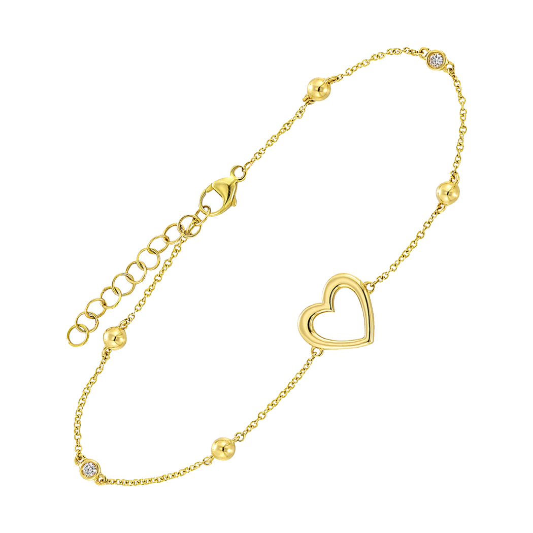 14K Yellow Gold Heart Bracelet with Diamonds and Beads