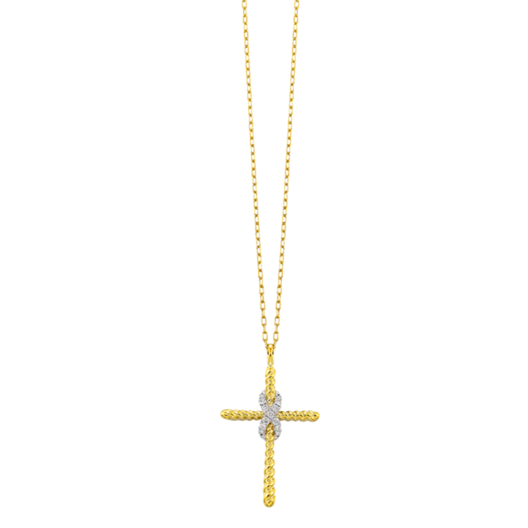 14K Yellow Gold Diamond Infinity Rope Cross Pendant with Chain