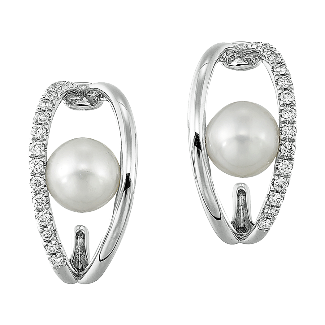 14K White Gold Diamond and Pearl J  Hoop Earrings