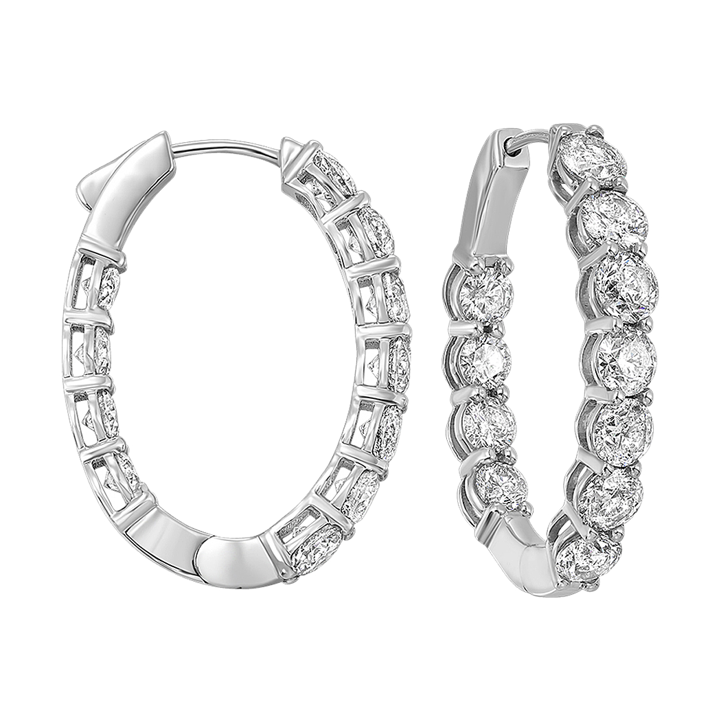 14K White Gold Oval Inside/Outside Diamond Hoop Earrings