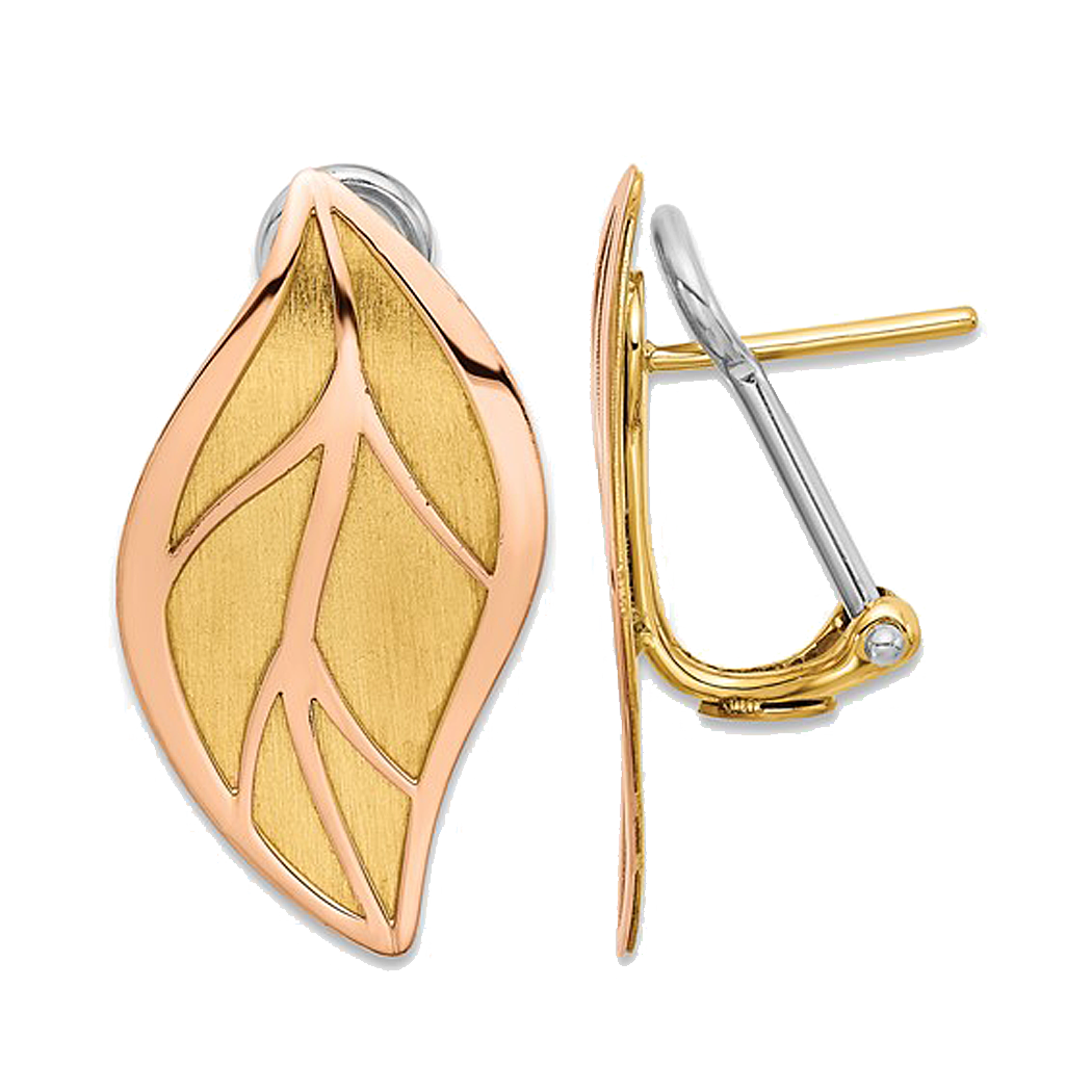 14K Two Tone Leaf Omega Back Earrings