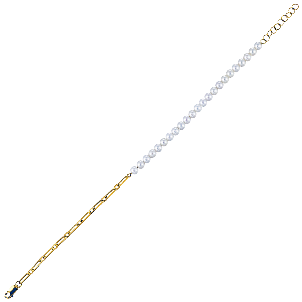 14K Yellow Gold Pearl and Paperclip Bracelet