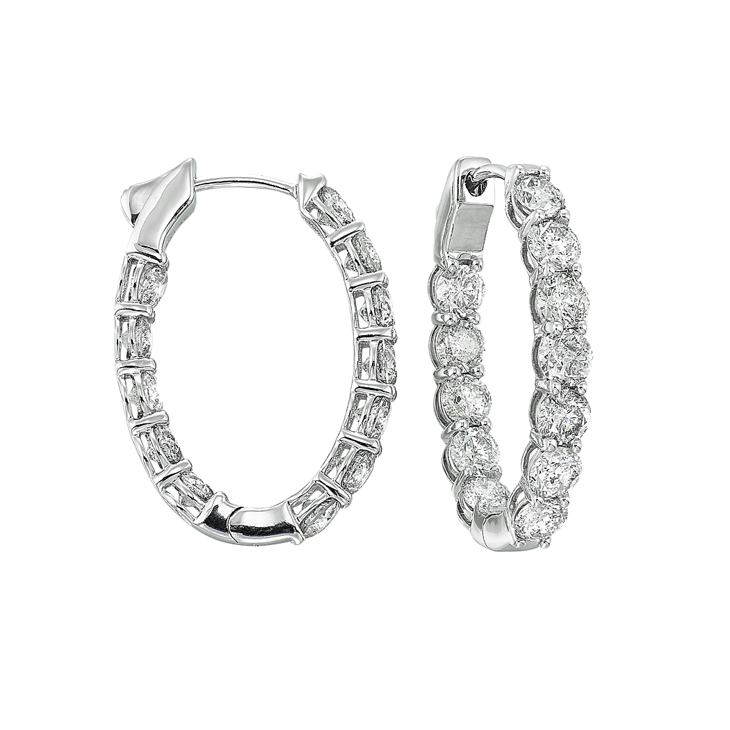 14K White Gold Diamond Inside/Outside Oval Shape Hoop Earrings