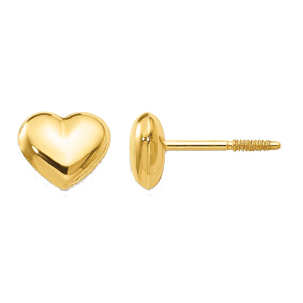 14K Yellow Gold Children's Puffed Heart Threaded Post Earrings