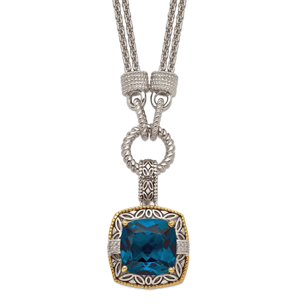 Sterling Silver and 14K Yellow Gold Necklace with London Blue Topaz and Diamonds
