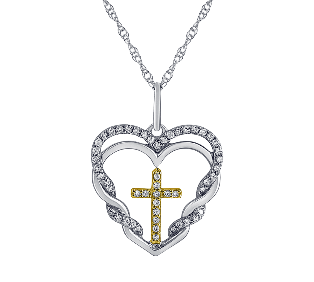 Sterling Silver with Gold Diamond Heart and Cross Pendant