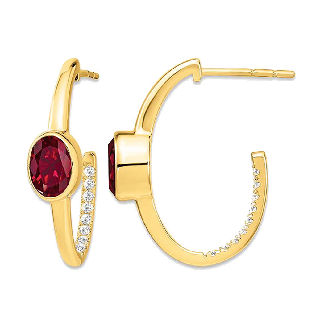 14K Yellow Gold J-Hoop Earrings with Diamonds and Lab Grown Ruby
