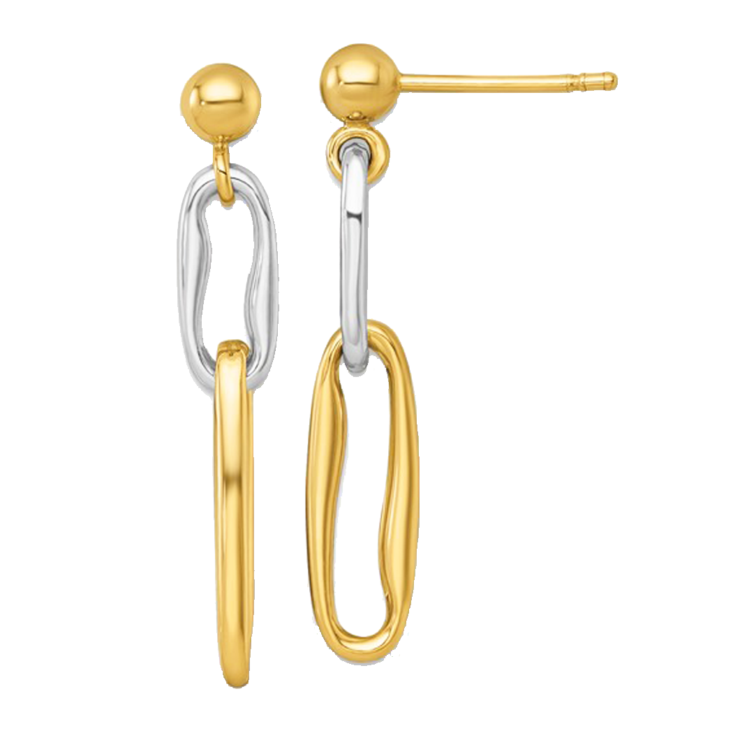 14K Two Tone Polished Gold Long Link Dangle Post Earrings
