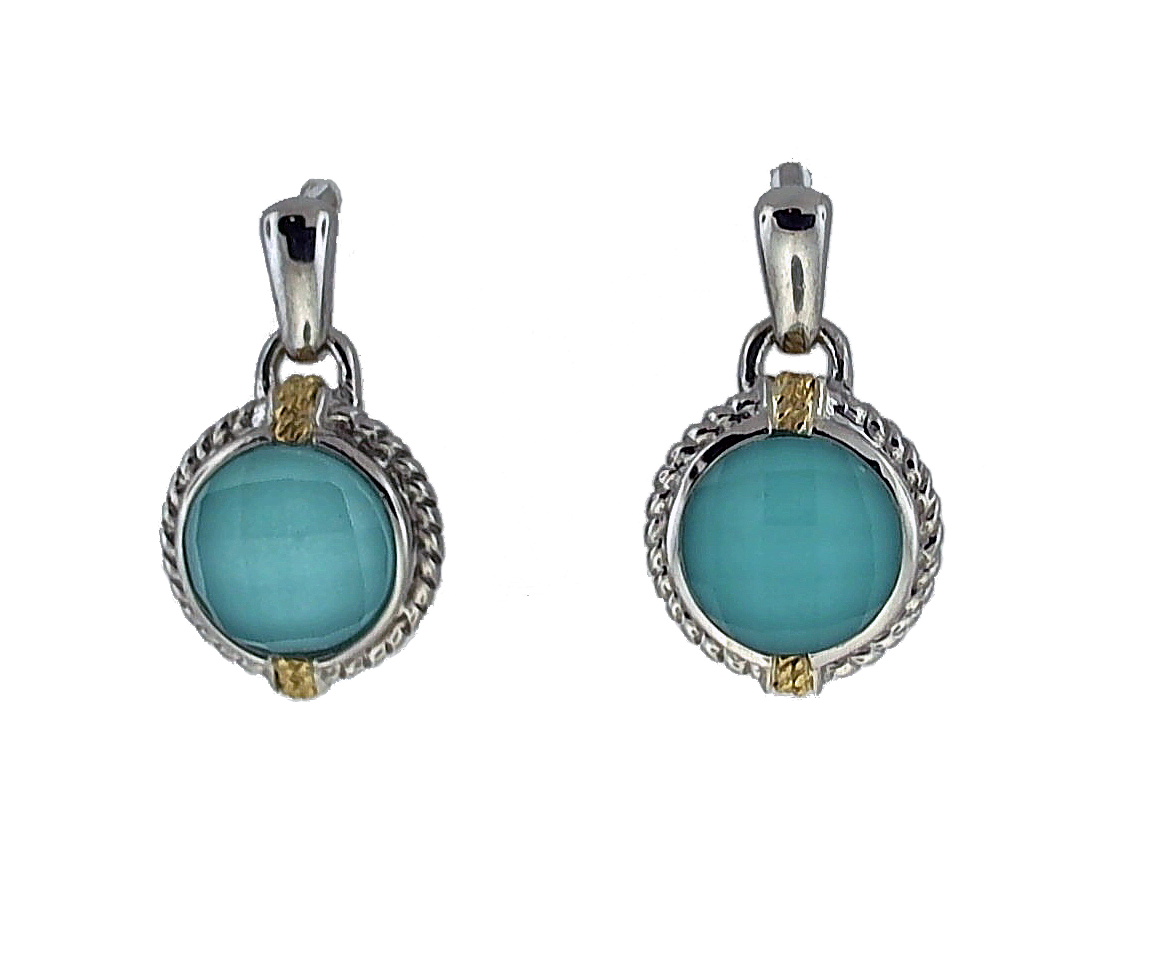 Sterling Silver and 18K Yellow Gold Dangle Earrings with Turquoise and Quartz Doublet
