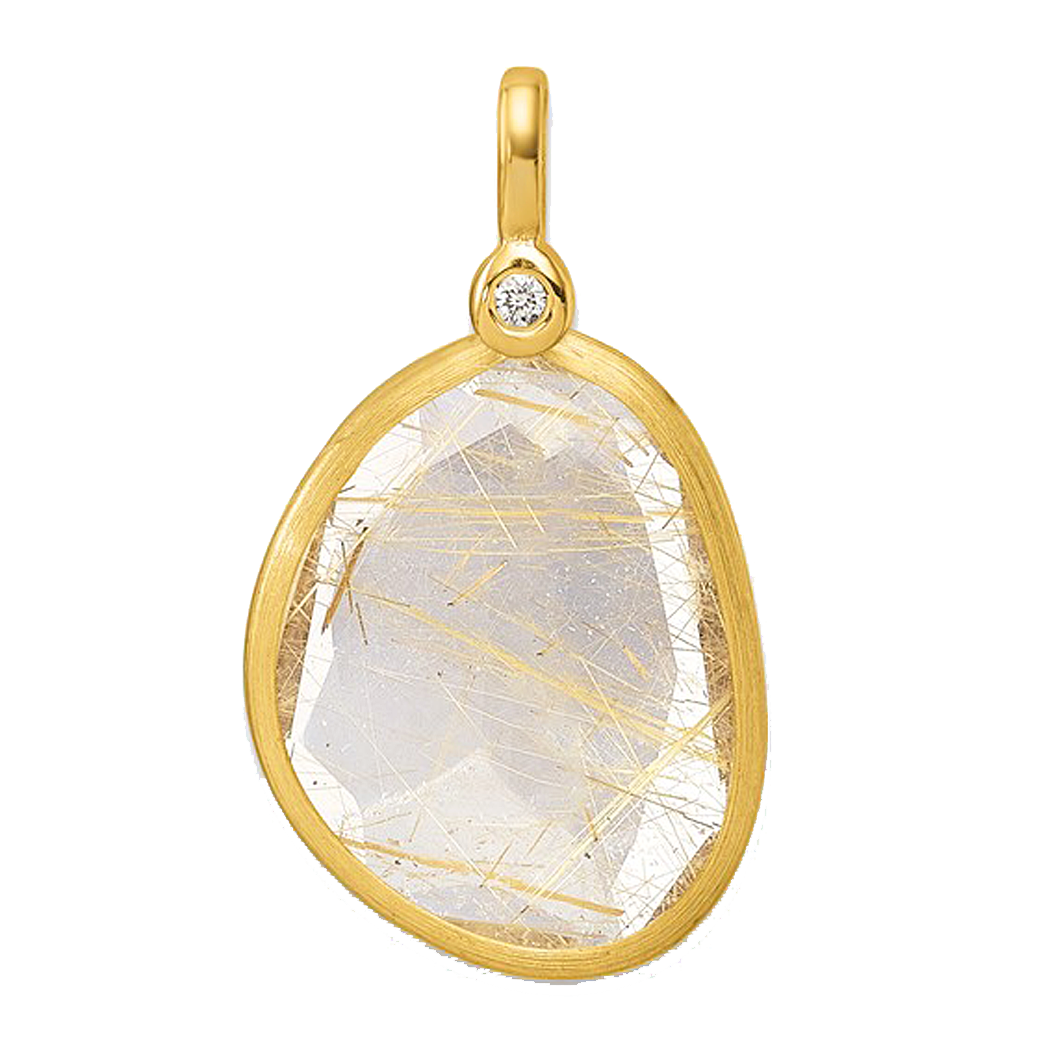14K Yellow Gold Rutilated Quartz and Diamond Pendant