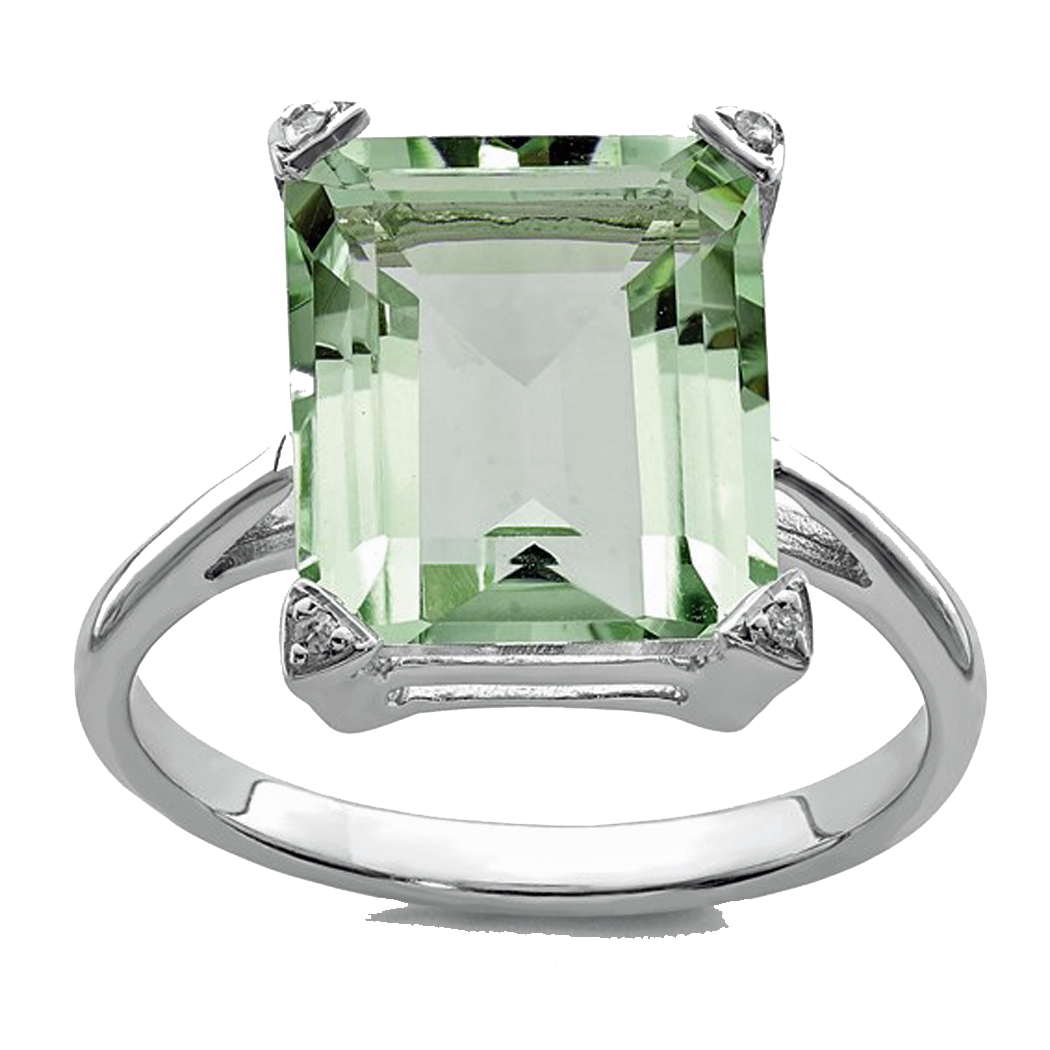 Sterling Silver Green Amethyst and Diamond Ring