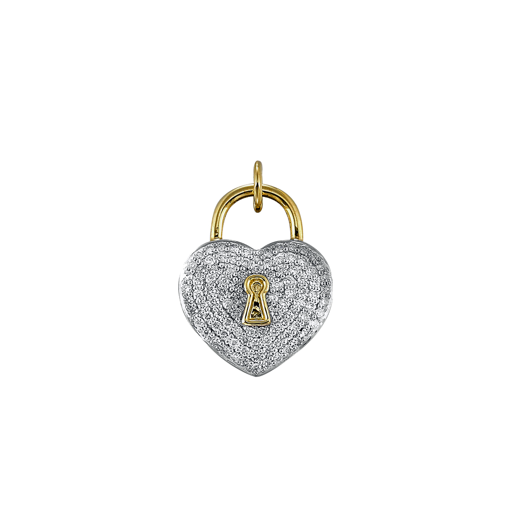 14K Yellow Gold Pave Diamond Heart Lock Pendant
