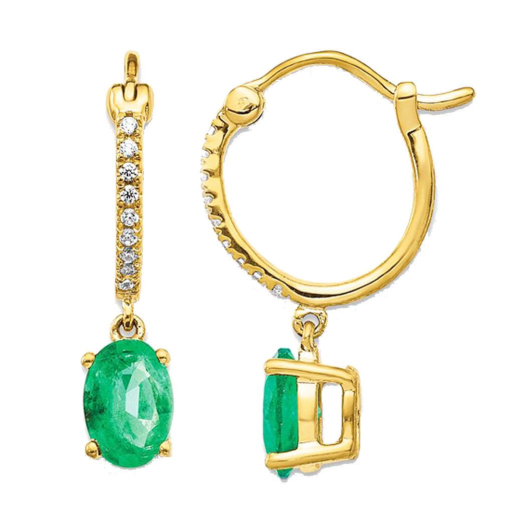 14K Yellow Gold Emerald and Diamond Hoop Dangle Earrings
