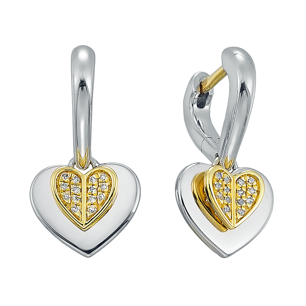 Sterling Silver and Gold Diamond Heart Earrings