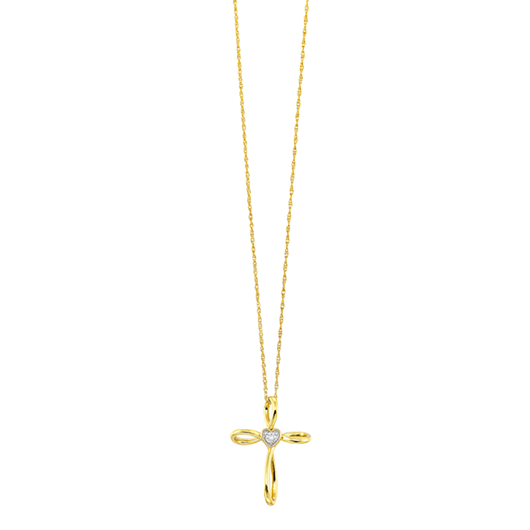 10K Yellow Gold Diamond Heart Cross with Chain
