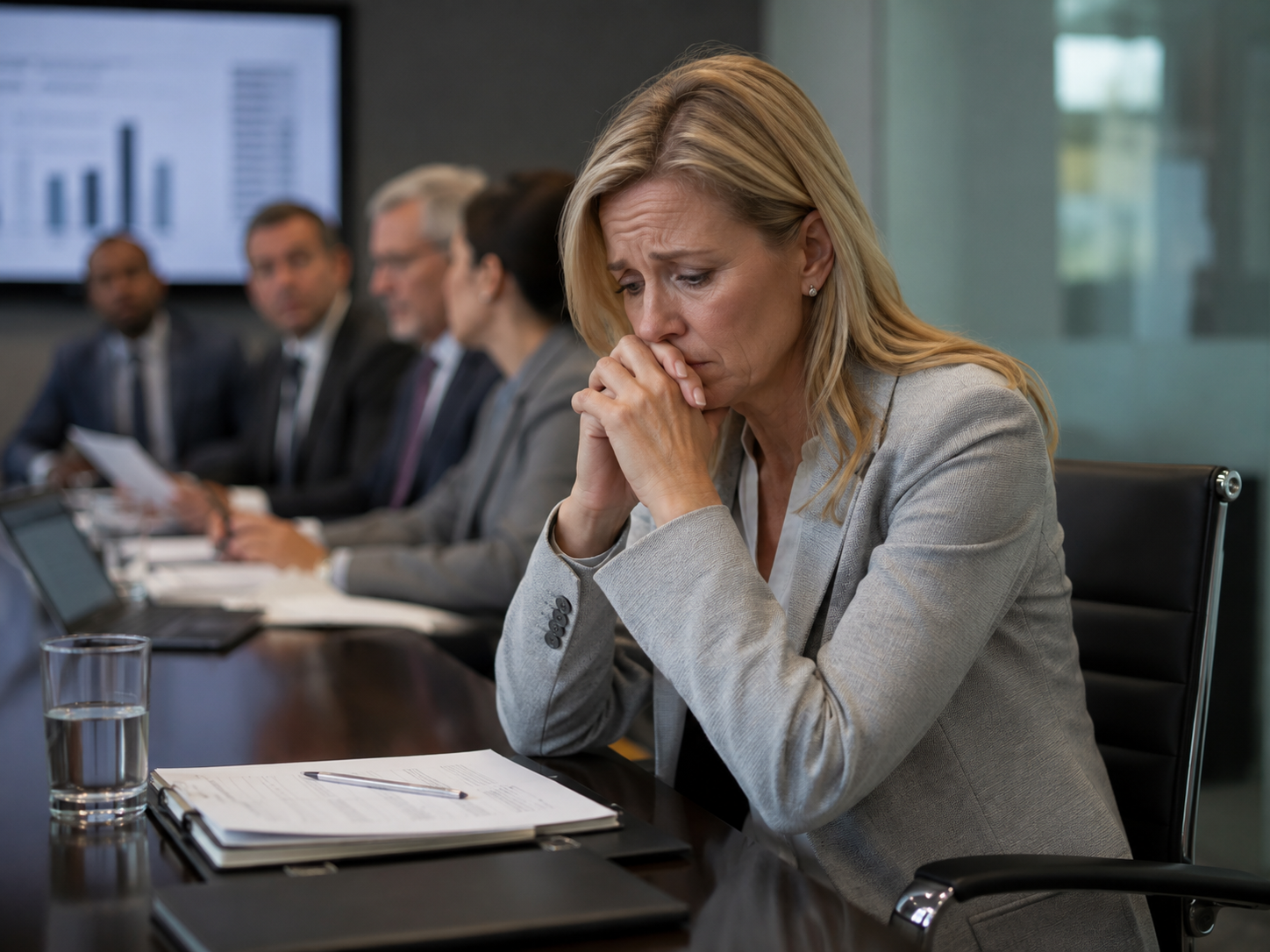 Executive in a boardroom meeting, head bowed, overwhelmed