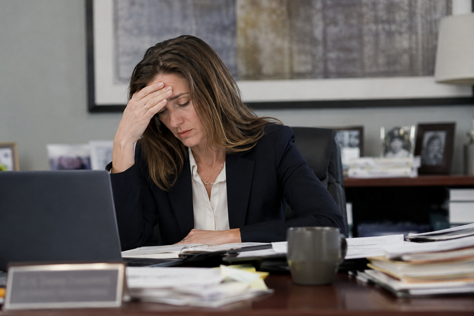 A female executive sits behind a desk looking overwhelmed and stress out.