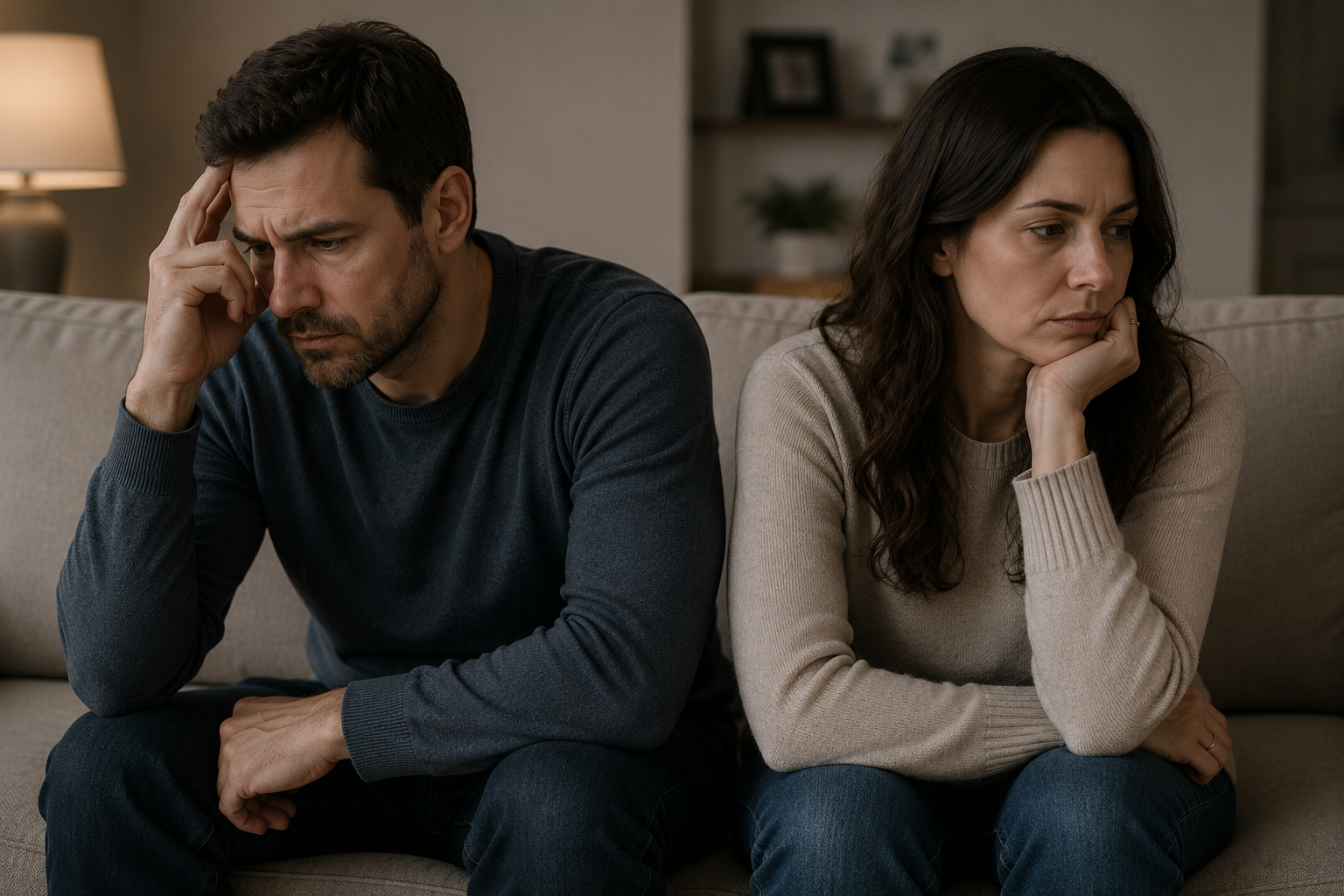 A couple sits turned away from each other appearing emotionally distant