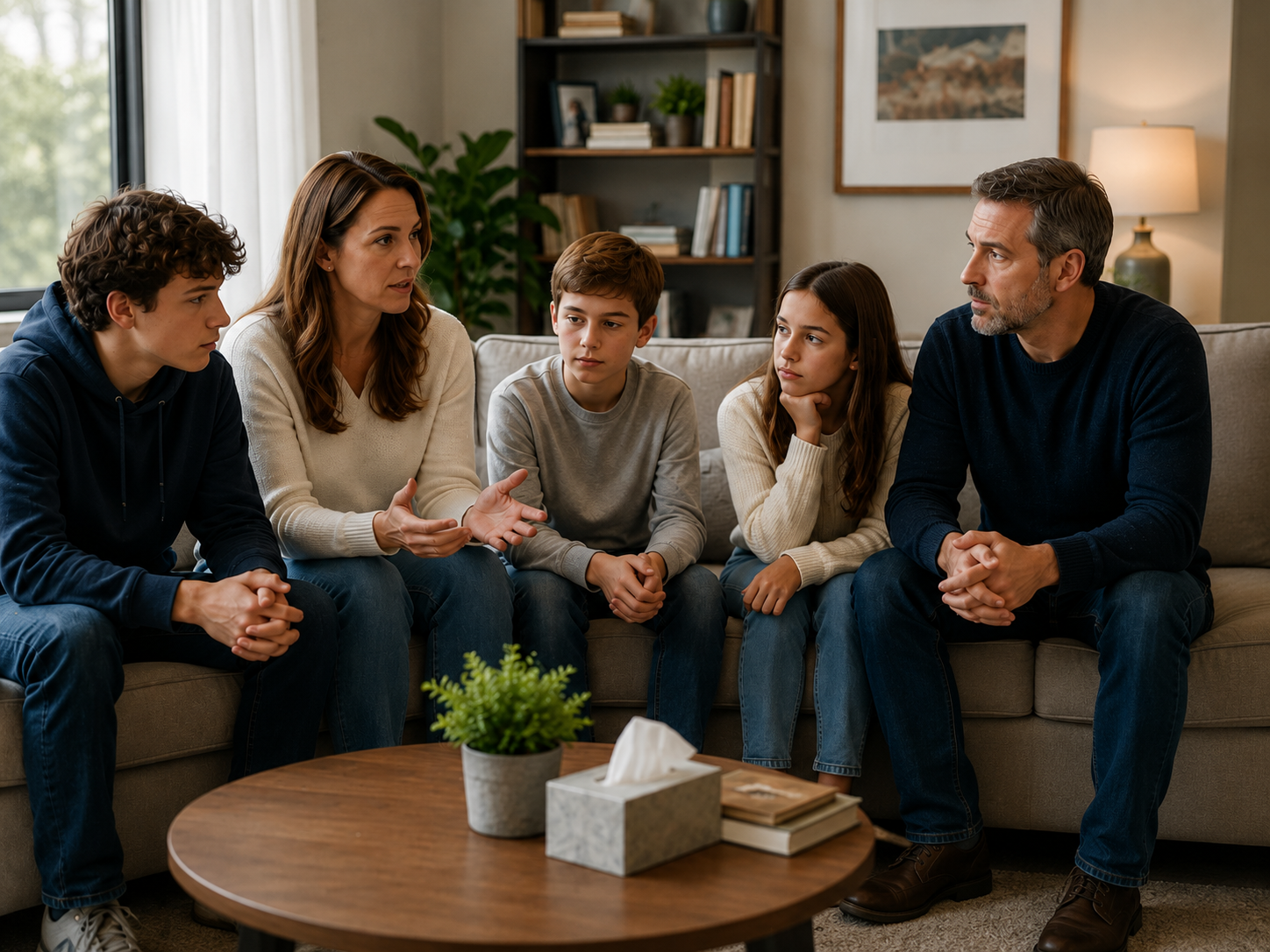 A family sits together in a difficult conversation