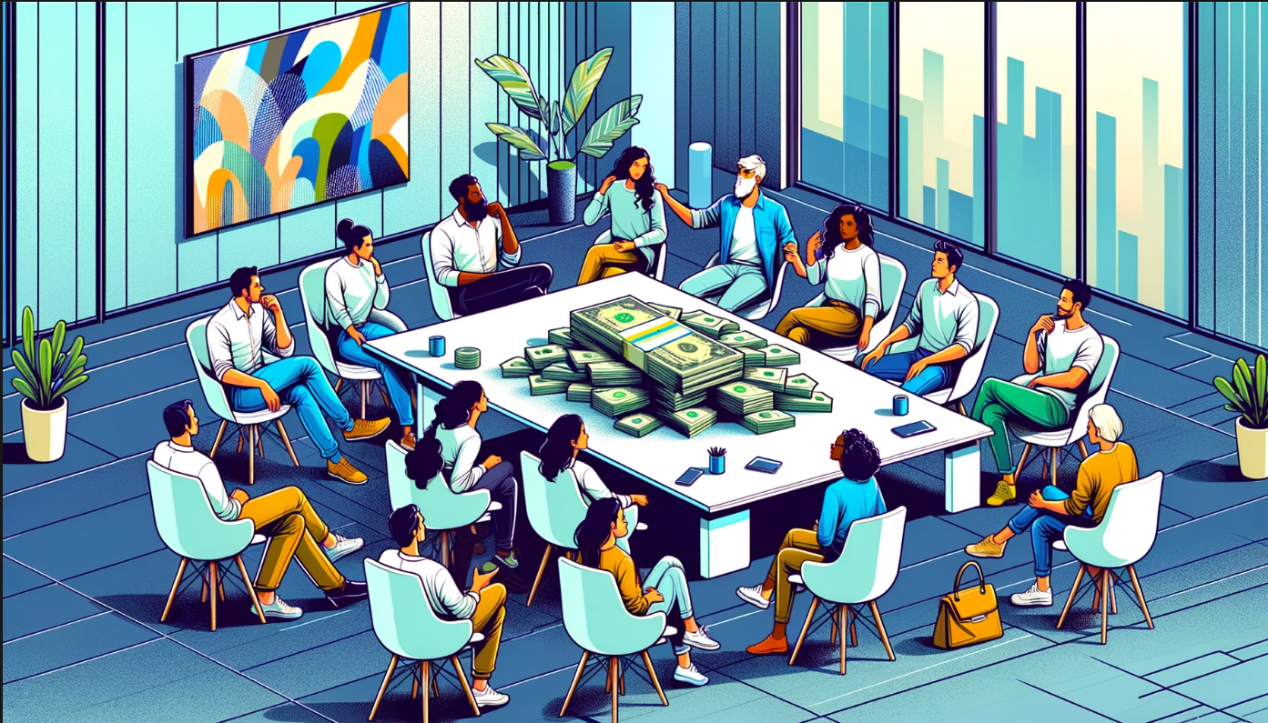   Image of people discussing what to do with funding produced by ChatGPT4.  