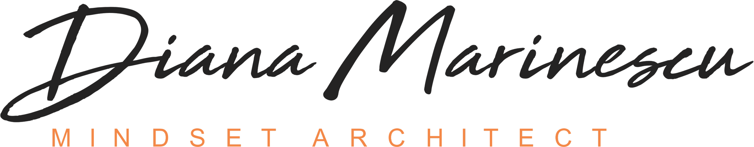 Schriftzug "Diana Marinescu Mindset Architect" in schwarzer und orangefarbener Schrift.
