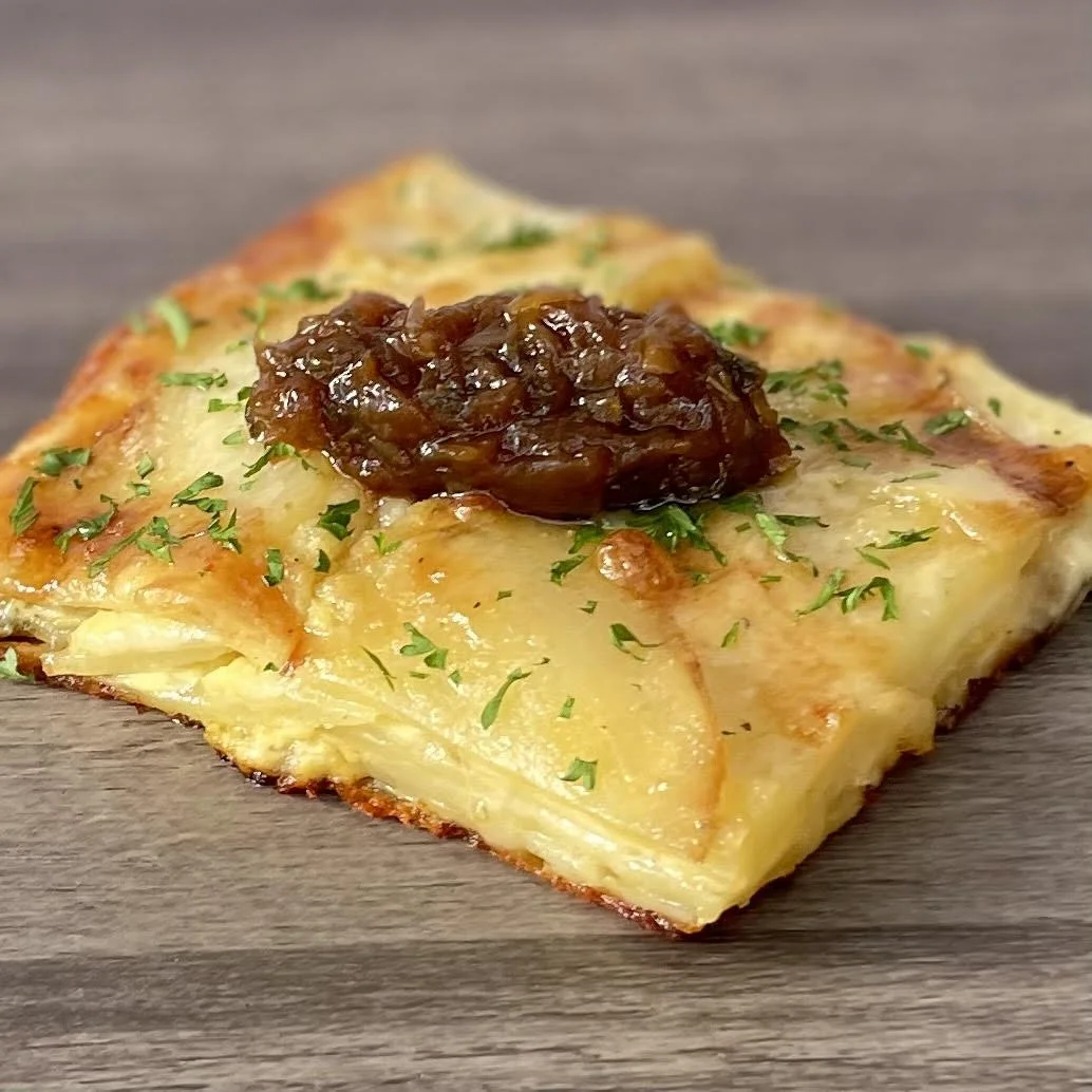 potato gratin, balsamic and thyme caramelized onion