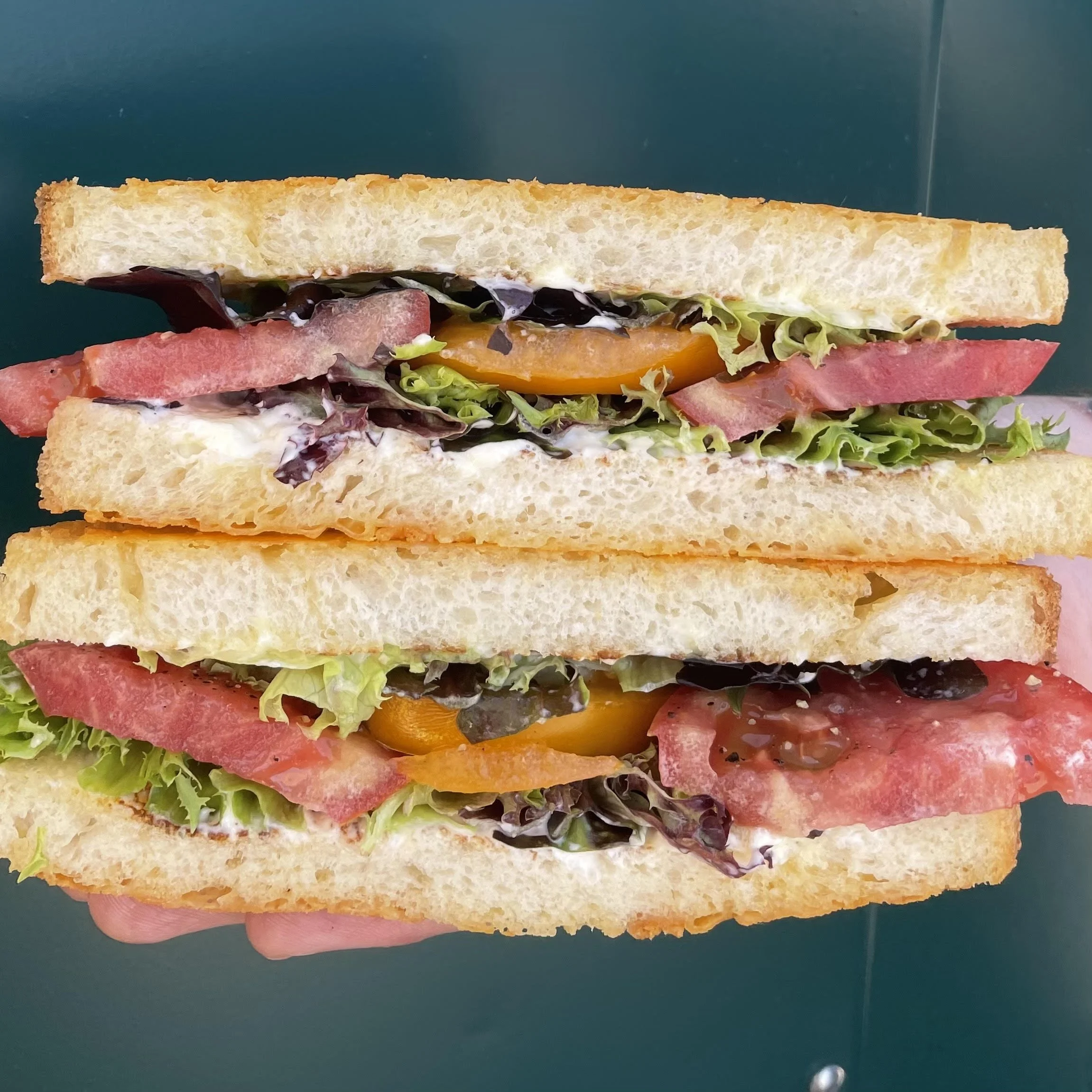 sungrounded farm tomato and mixed greens, housemade mayo, tillamook smoked cheddar crusted sparrow bakery sourdough, smoked crunchy salt