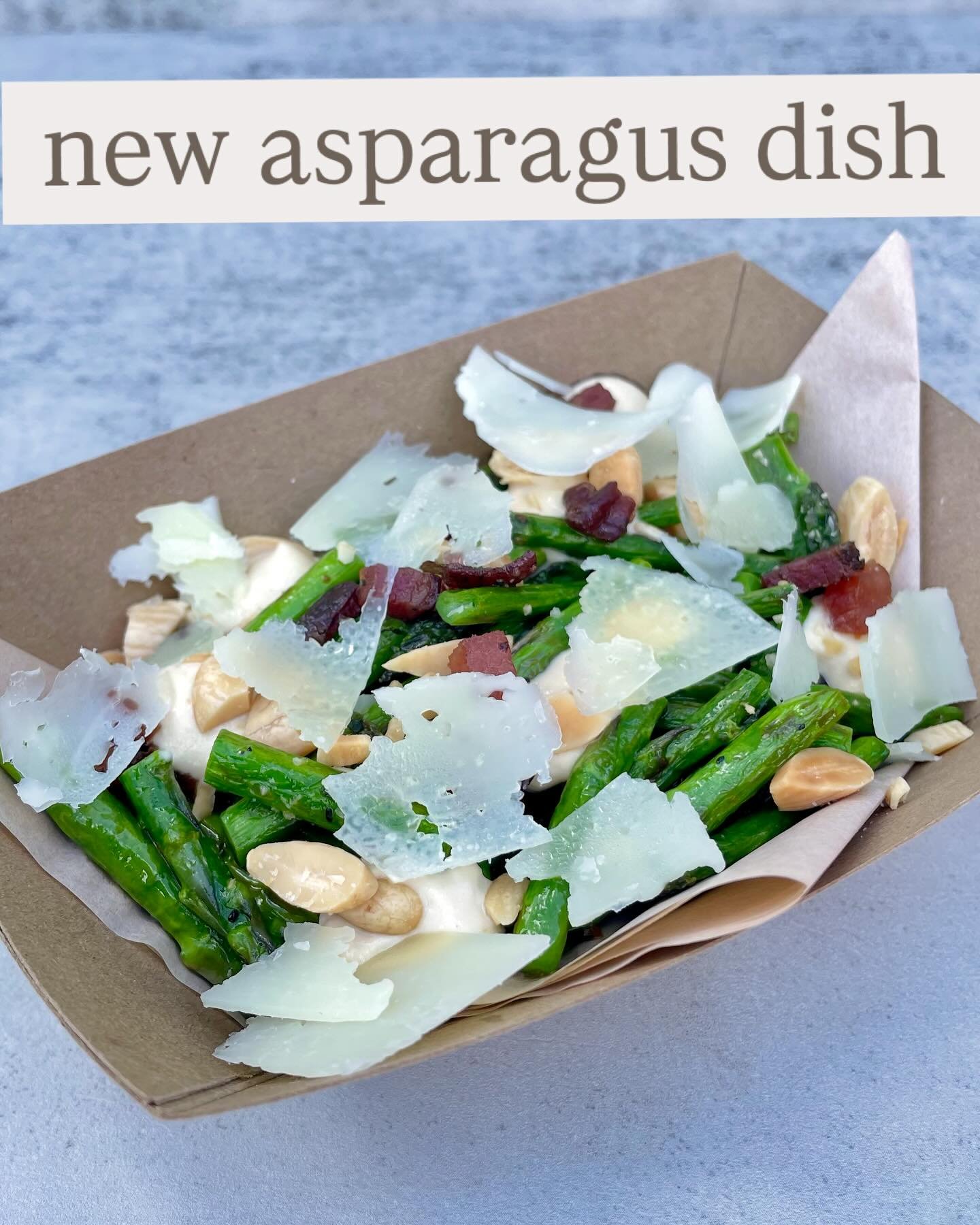 New asparagus dish. You can also have it  as a salad over @sungroundedfarm field greens 

griddled asparagus, marcona almond and sherry vinegar, house cured and smoked herby bacon, shaved manchego cheese