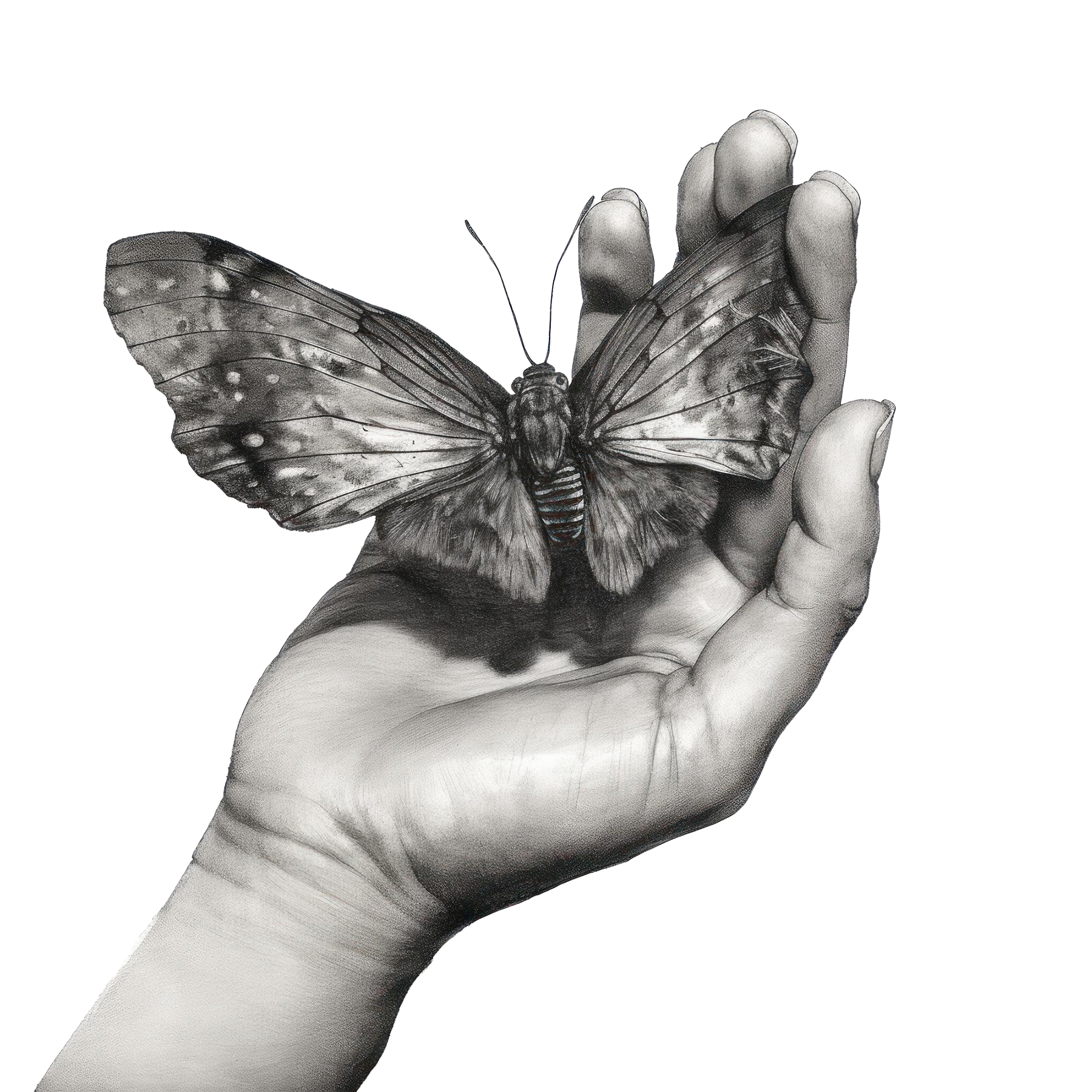 Drawing of hand sheltering a butterfly