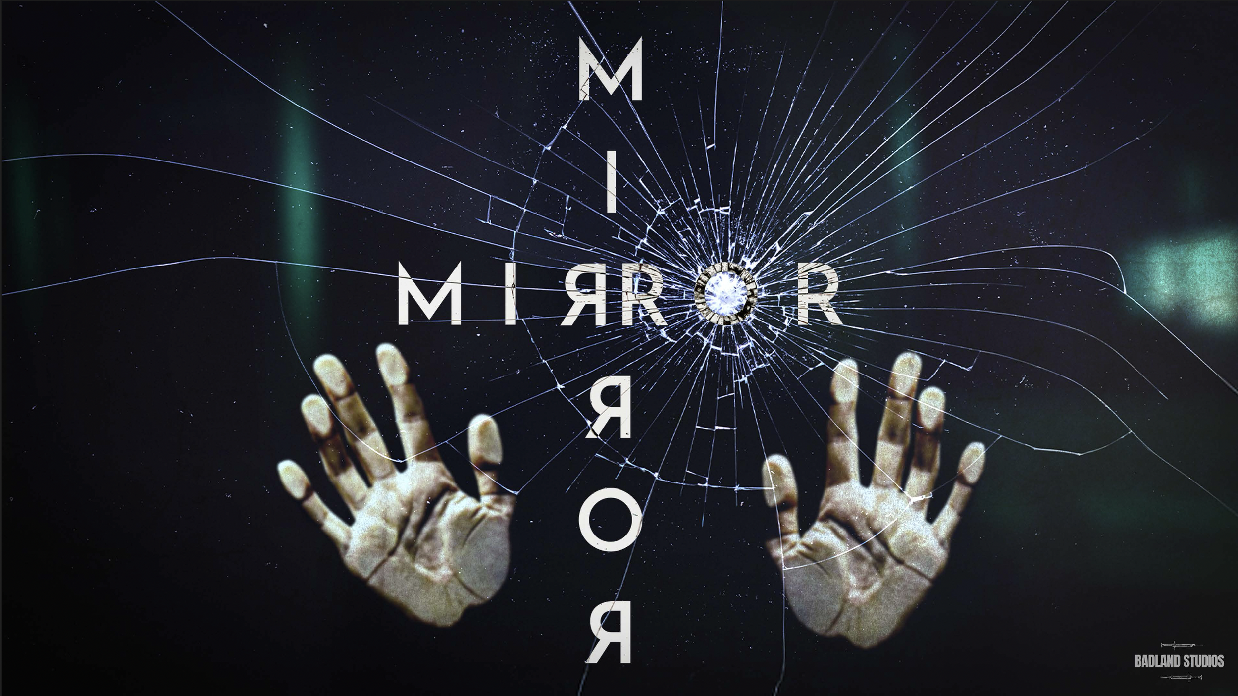 Two disembodied hands reaching towards a cracked mirror with the word 'MIRROR' written across it, in front of a dark starry sky with faint northern lights.