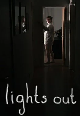 A woman standing in a doorway with light on, creating a bright outline, while the rest of the hallway is dark. The words 'lights out' are written at the bottom.