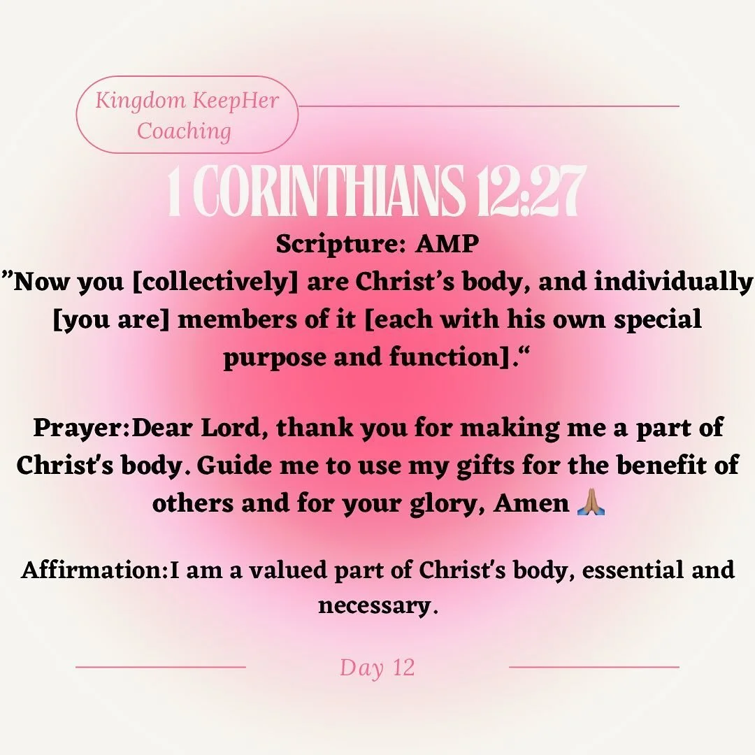 Day 12 of 30: Discovering your identity in Christ 

Grateful to be part of Christ&rsquo;s body, each of us uniquely valued and essential. Let&rsquo;s embrace our roles and shine together! 🙏🏽 #Faith #Community #Purpose #kingdomkeepher #healed #whole