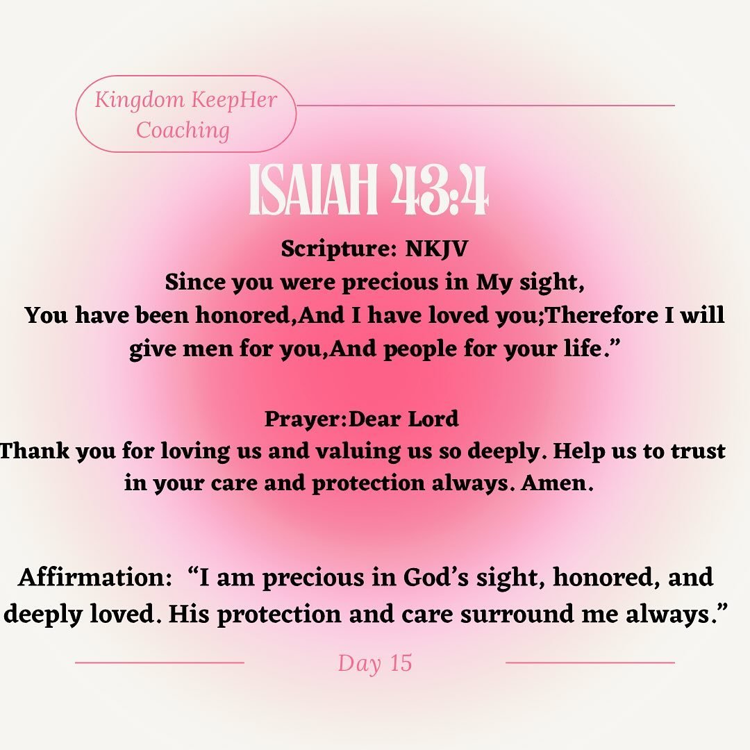 Day 15 of 30: Discovering your identity in Christ 

Grateful to be precious, honored, and deeply loved by God. His love is my shield and strength! 🙏❤️ #Blessed #LovedByGod #kingdomkeepher #FREE #healed #whole 

‭