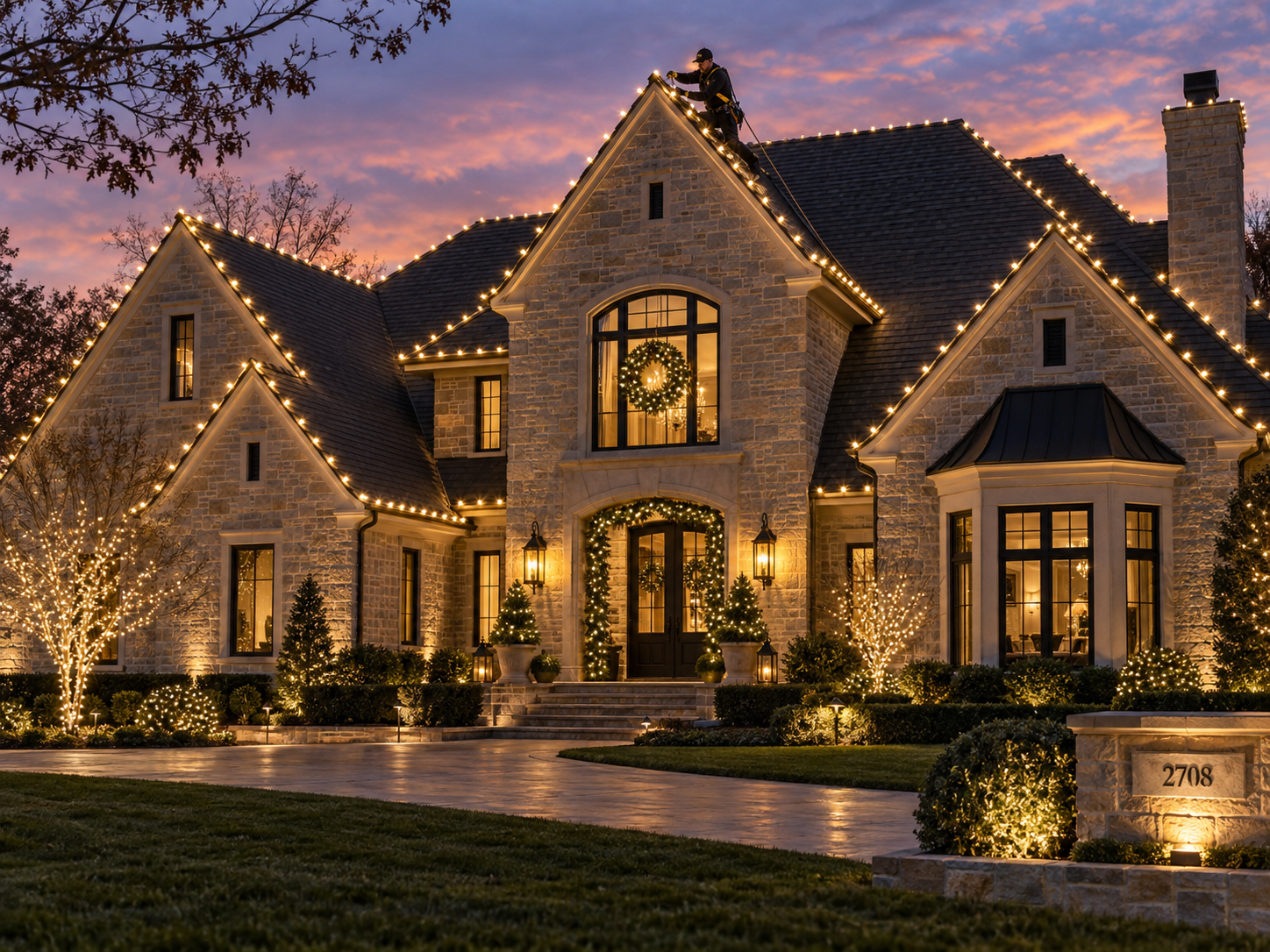 A large house decorated with Christmas lights and wreaths, with a person on the roof decorating the roofline, during sunset.