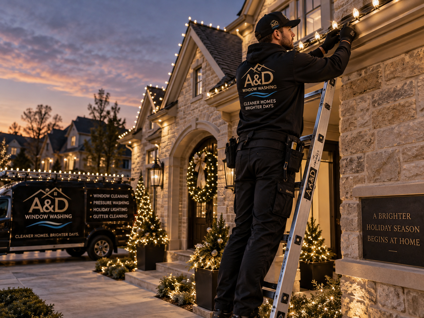 A window washer decorating a house for the holidays with string lights at dusk. He is standing on a ladder, wearing a black uniform with the A&D Window Washing logo, and a van with the company's branding is parked nearby.