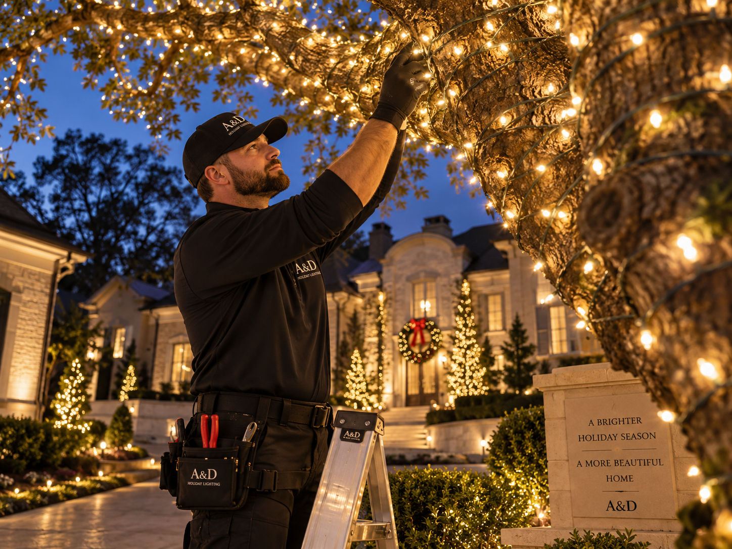 A man is decorating a large tree with string lights outside a mansion during evening or night. The mansion is decorated with Christmas wreaths and lights.