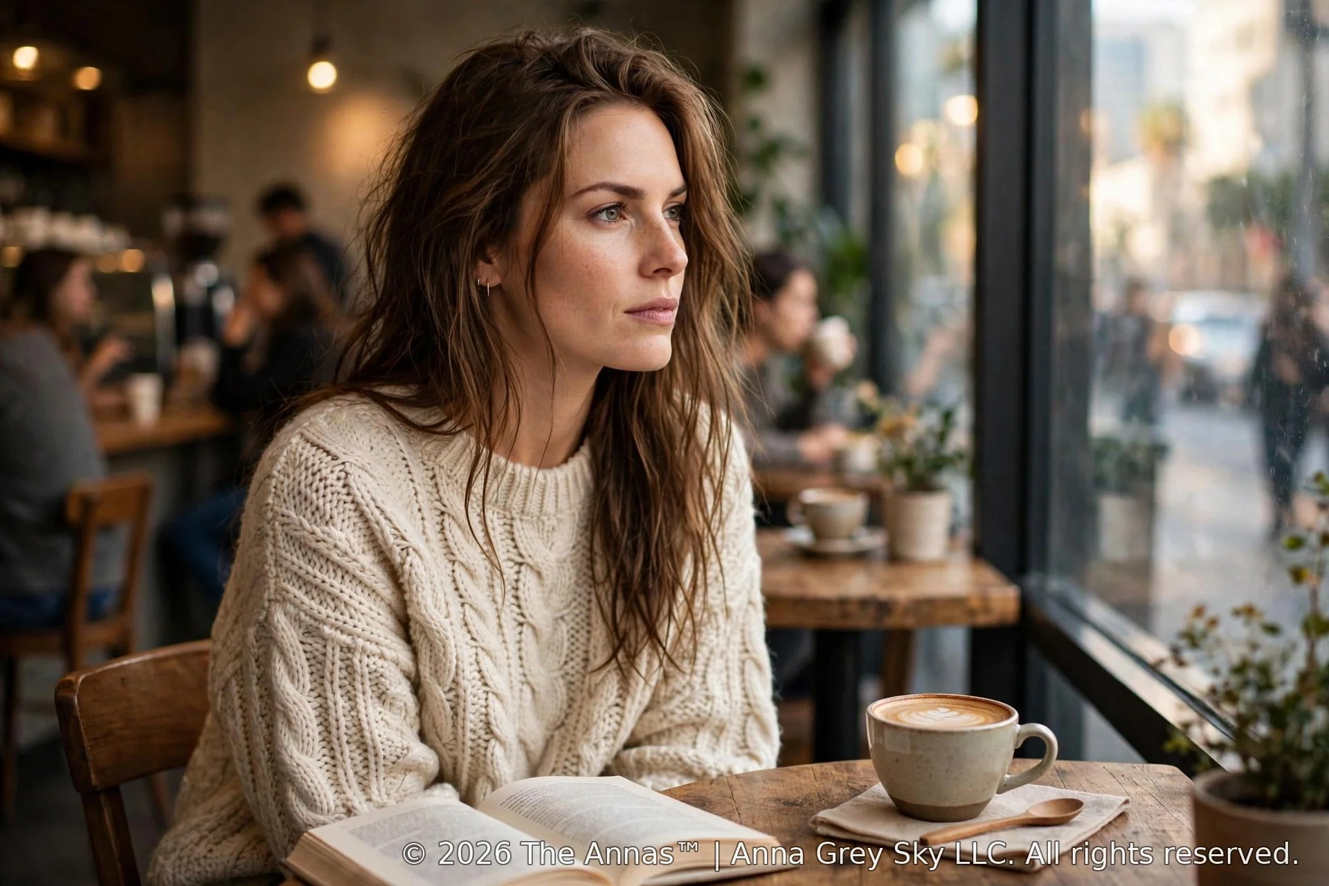 Anna at a coffee shop with raggedy hair- wearing a comfortable cable knit sweater.jpeg
